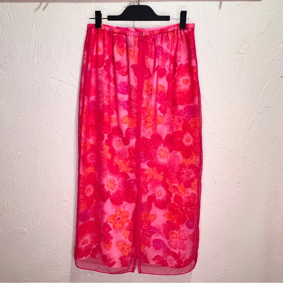 Vintage y2k Style Bright Pink Floral Slip Skirt Sheer Overlay Women's 12 - Picture 2 of 6